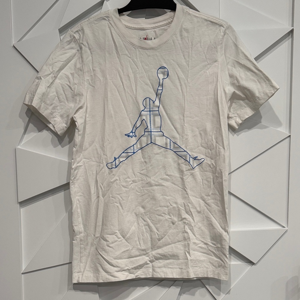 Jordan White Short Sleeve Tee with Blue Outline Jumpman